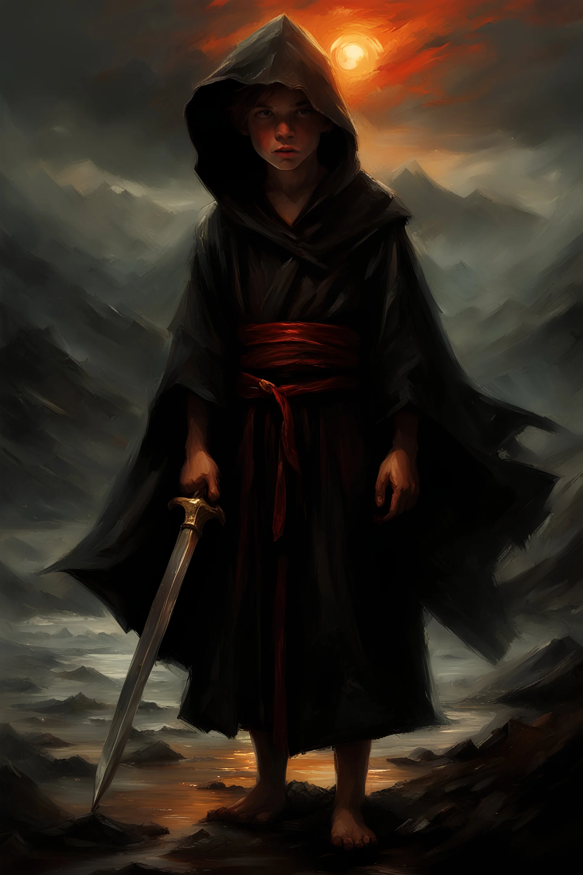 A formidable warrior-a 10-year-old boy in a black robe with a hood, on the background Amazing gloomy landscape, flooded with sunset, mountains, trees, fabulous scary hero, , juicy emotions, painting, dark fantasy, bad weather, gloomy day, dark world, by Raymond Swanland & Alyssa Monks & Anna Razumovskaya