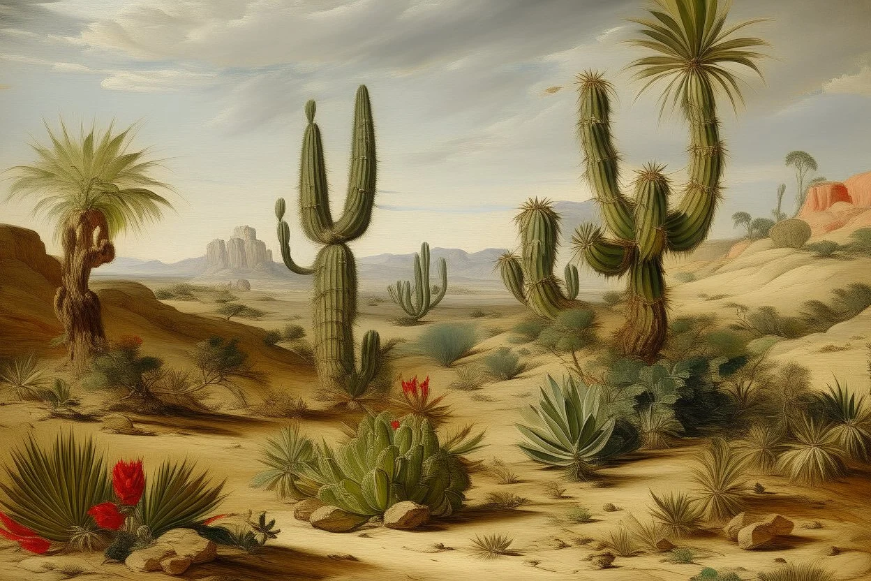 A tan sandy desert with cactuses painted by Giovanni Battista Sassi