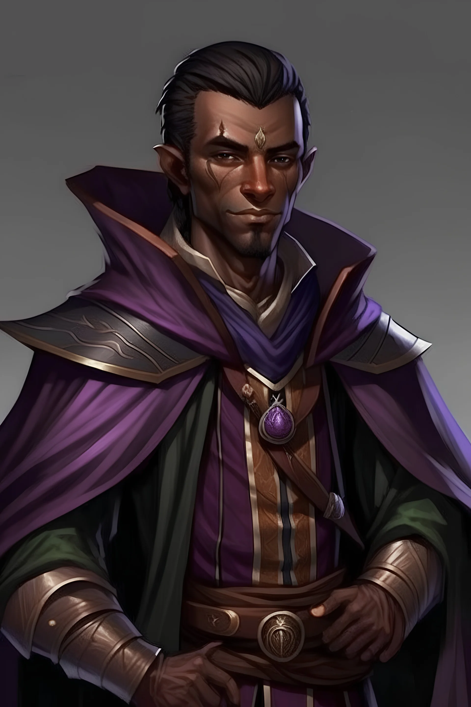 young lawful evil charismatic Wood Elf Bard Male with dark brown skin, pulled-back black hair, wearing a purple vest and brown adventurer's cloak with an evil smirk.