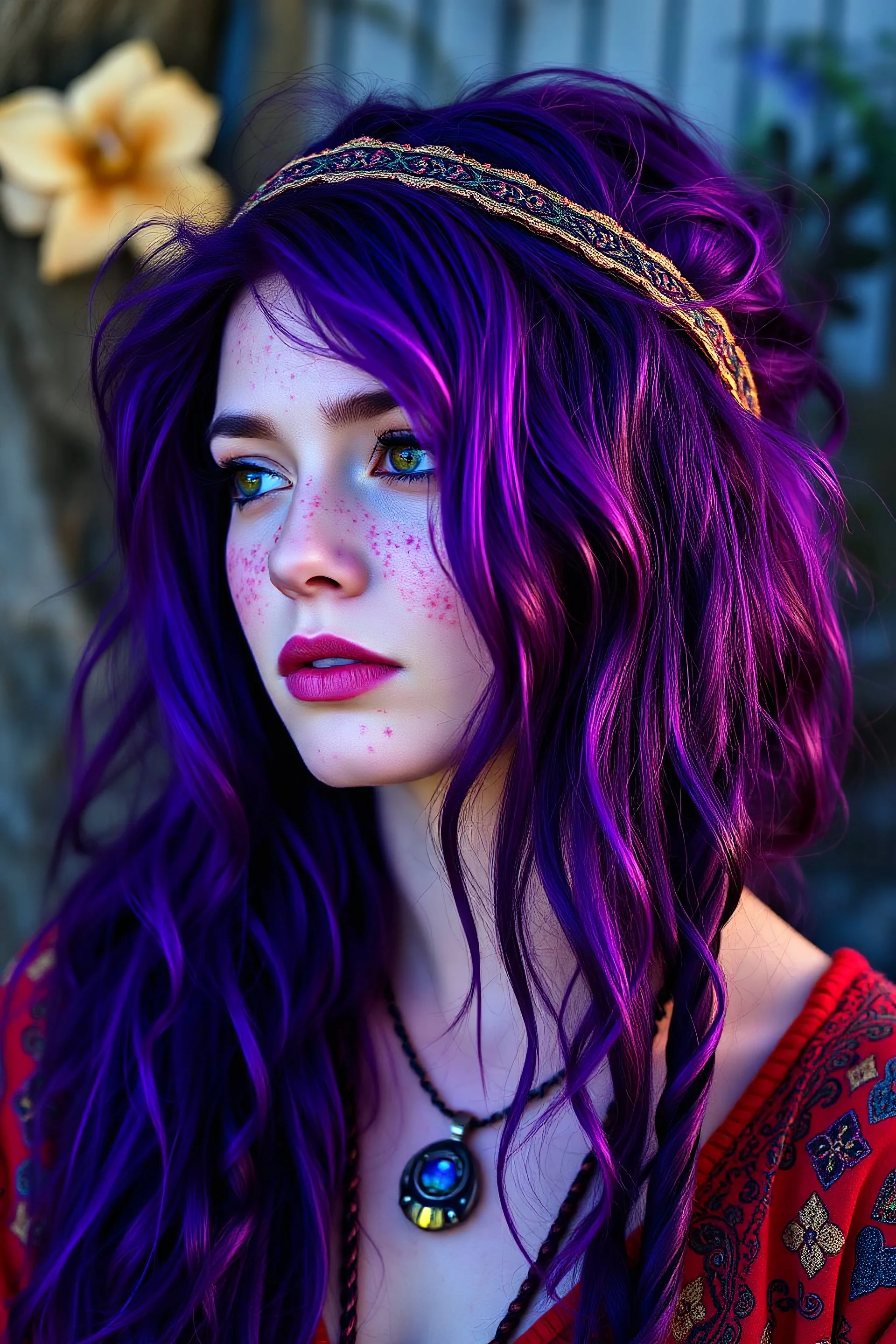 Purple haired gypsy woman with freckles