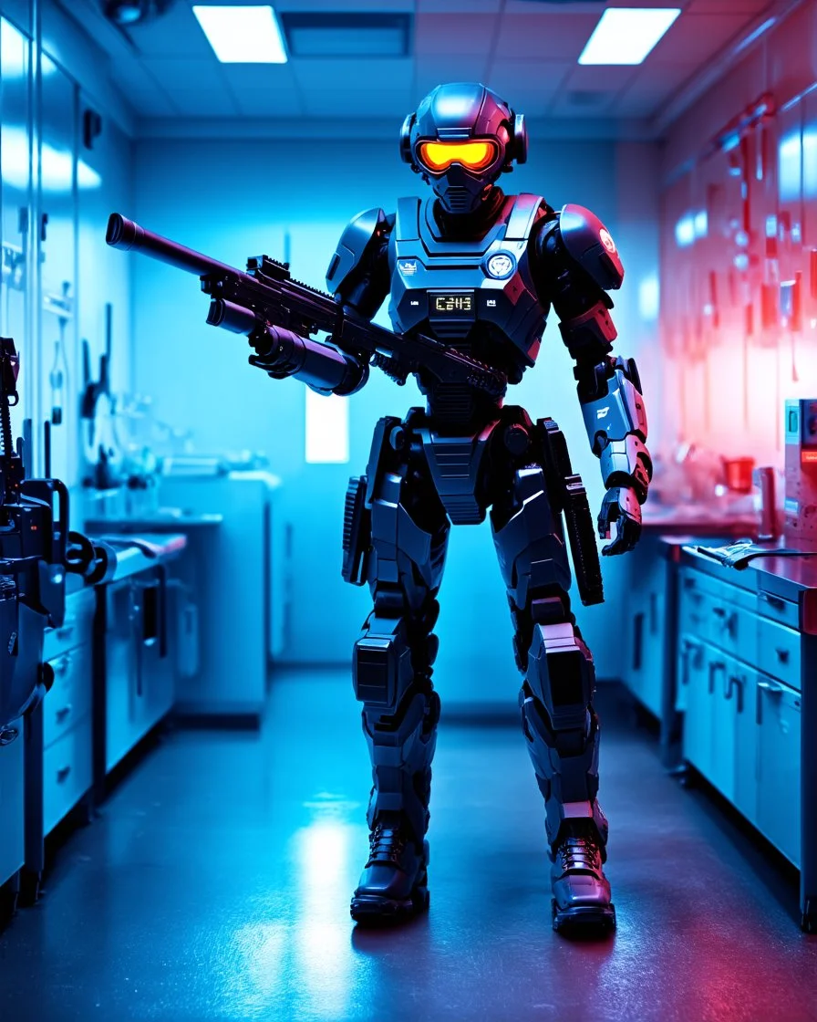 cinematic colors Length picture full body of Futuristic sci fi of a mechanized cyborg police SWAT .high key lighting, 3d bas relief, front view clock, glowing neon nixie eye, wire whiskers cyborg high contrast colors,standing pose hold weaponry,futuristic shoes,laboratory digital holograms and weapons storage room background