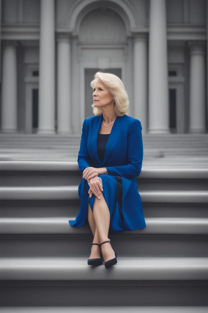 Powerful classical portrait of a modern blonde politician in her late 50s wearing a blue dress standing in a powerful position a little zoomed out