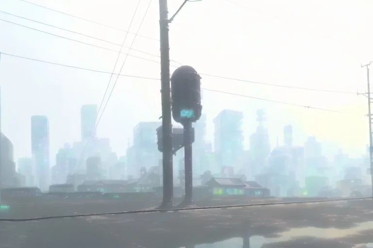 Smokey cyberpunk cityscape, dystopian