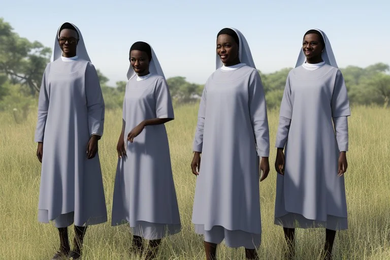 4 suore africane con tunica grigia figura intera fino ai piedi