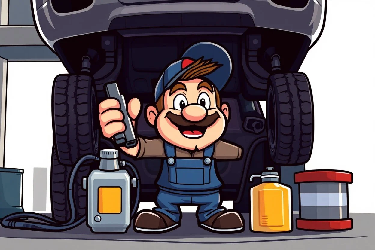 retro cartoon mascot of a vehicle mechanic, under a vehicle doing an oil change, in modern vector