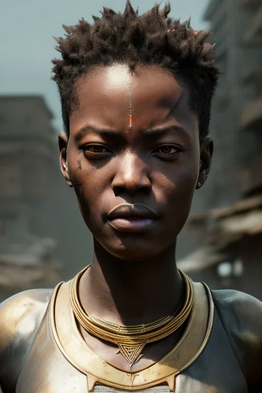 portrait,beautiful african , post-apocalyptic in a cyberpunk city, realistic, intriacte detail, sci-fi fantasy style, volumetric lighting, particales,highly detailed,cinamatic, deep