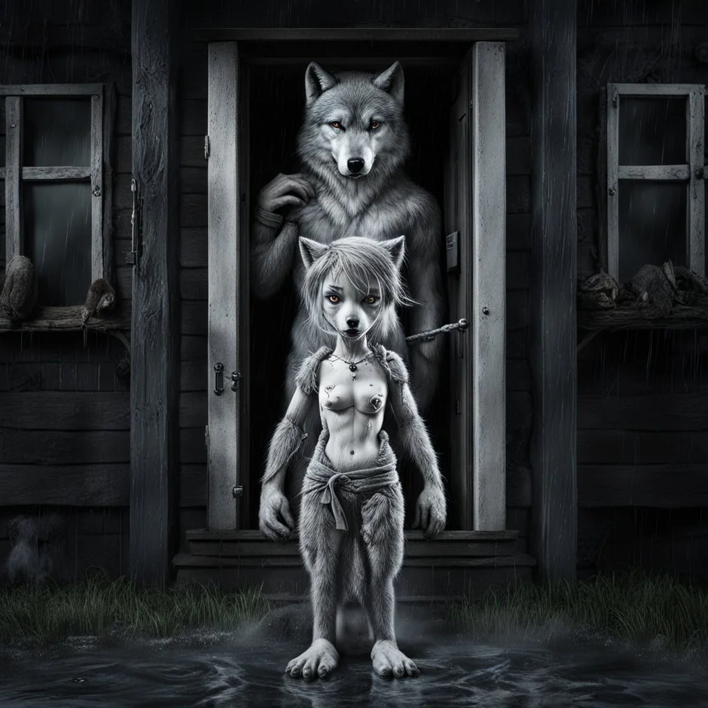 front of the camera in rain stands a very sad thin , short anthropomorphic wolf-girl full body covered with wolf fur, she wears a short rag around her waist , an tall anthropomorphic wolf-man stands behind at the door in a wooden house, dark deep colors, sharp focus, rainy day, high contrast, high detail, atmospheric, dark fantasy, sci-fi Masterpiece