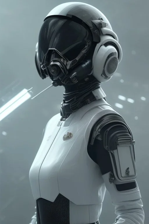 Ana de Armas, identical features, Black intergalactic pilot suit, portrait, bright white eyes, wearing high tech pilot breathing mask, beautiful face, white smoke, dark, rage, sorrow, high definition, ultra 8 k, volumetric lighting, blue fire, fog