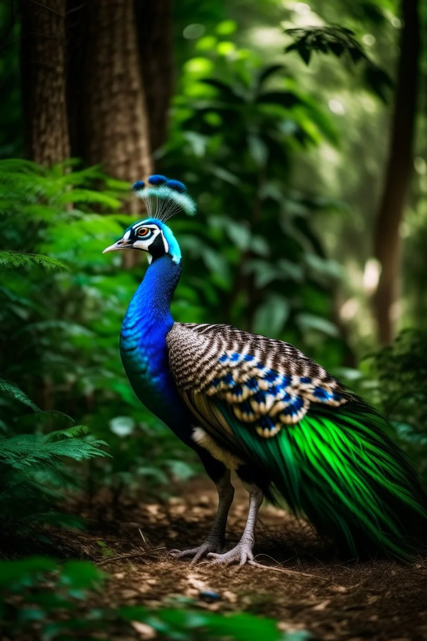 A peacock in a background forest
