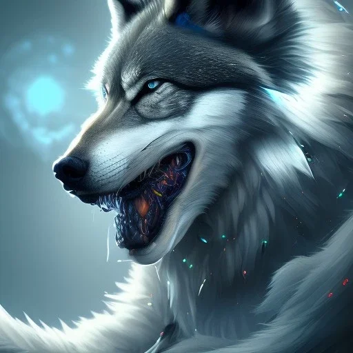 legendary wolf with black fur and blue piercing blue eyes in the night with black shade shown all body, from the side, neon blue flames, 8k resolution, ultra hyperdetailed, Unreal Engine 5, ultra colorful, very small details, realistic