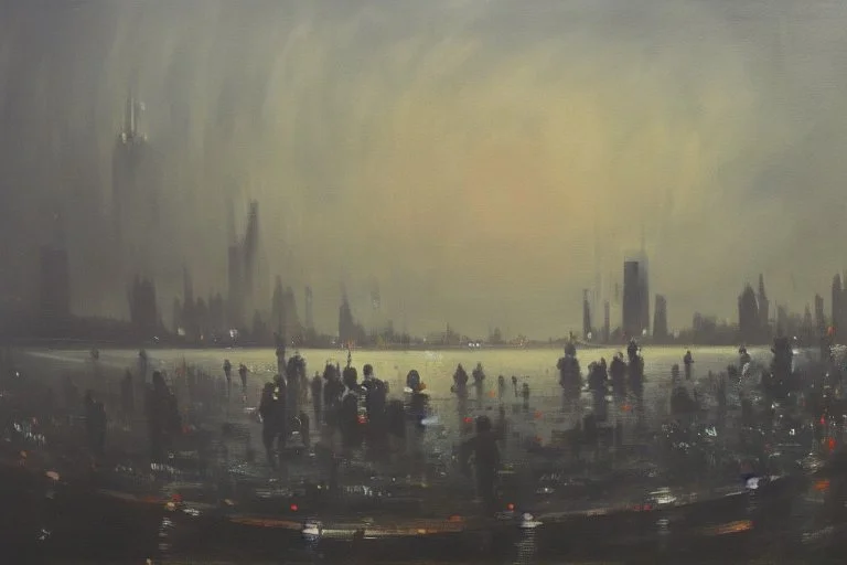 Futuristic city, people, lake, sci-fi, epic, philip wilson steer influence, hd, realistic painting