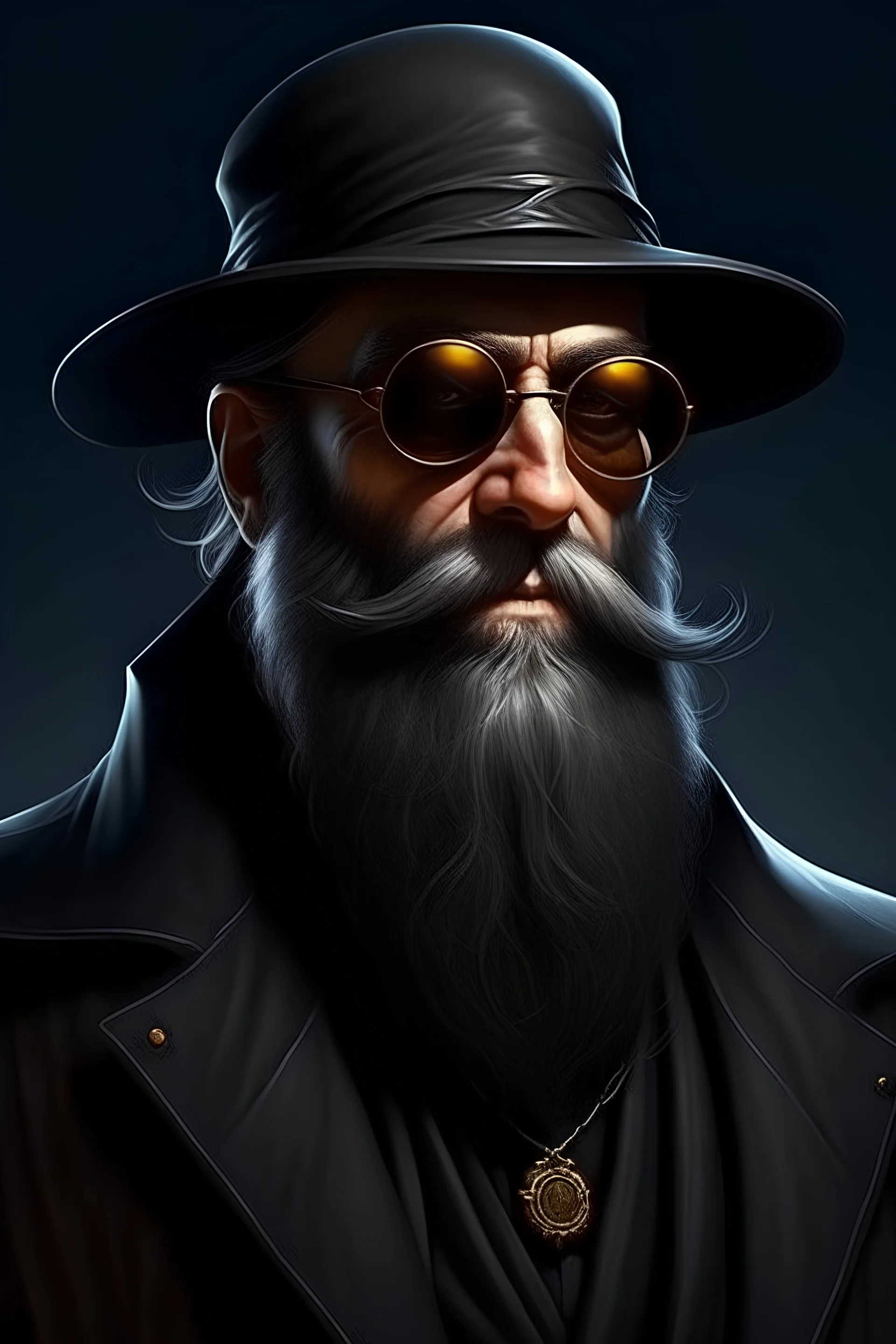 saint gunman with round sunglasses and a black coat and a black graying beard in the wild west, grimdark realistic