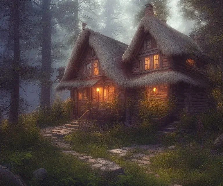 beautiful hyperrealistic cottage in the forest, highly detailed, digital painting, trending artstation, concept art, illustration, cinematic lighting, vibrant colors, photorealism, epic, octane render