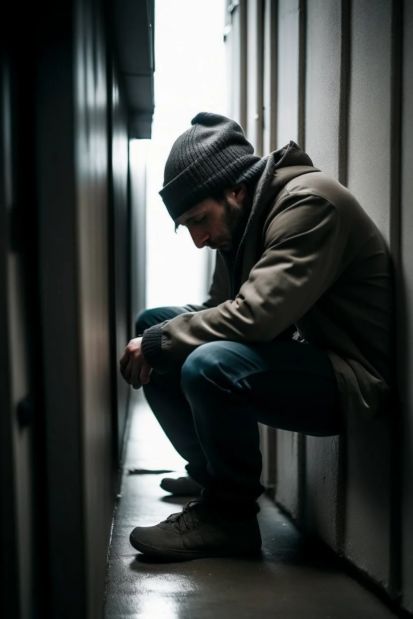 someone crouched in a corner in the cold