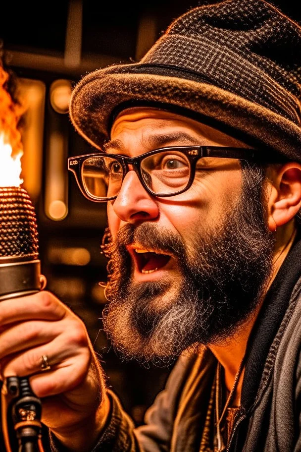 Man firestarter with a microphone in hand, wearing glasses, hat, beard, hard rock man and metal radio host sleeping in the background