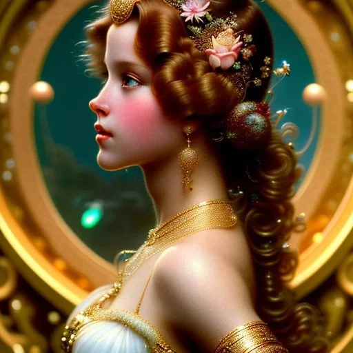 Hyperdetailed oil on canvas, young robyn lively by an ornate fountain, goldfish pond, lotus, detailed face, long muti-hued red curly hair; by gaspar camps, maxfield parrish, alphonse mucha, cyril rolando, dan mumford; luminous colorful sparkles, glitter, airbrush, octane render, volumetric lighting, 16k