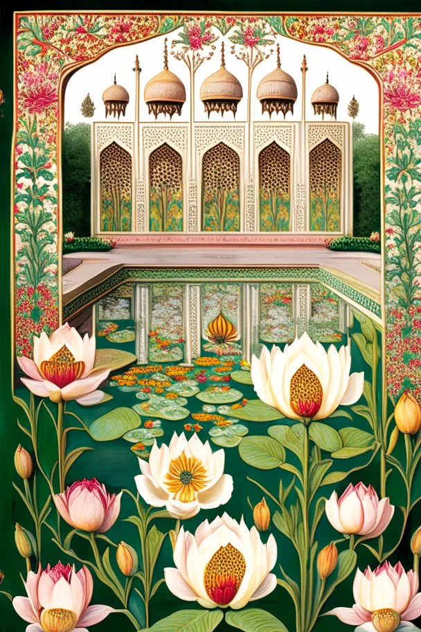 Channel the beauty of the Mughal Gardens with detailed hand-painted representations of traditional Indian flowers like lotus, marigold, and jasmine. Incorporate intricate geometric patterns and water features.