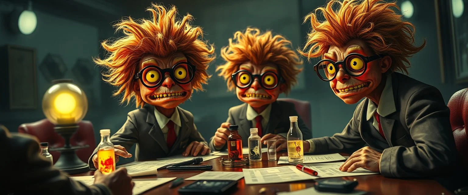 high class realism, the board in the style of fallout 4, A really close up portrait of one person individually mutated with hairy wigs glowing, messed up uranium creatures in a dimly lit boardroom, wearing tiny suits and glasses, with playful but slightly mischievous expressions. The room is filled with scattered papers, glowing vials, and miniature nuclear reactors. Style: whimsical digital illustration, cinematic lighting, colorful