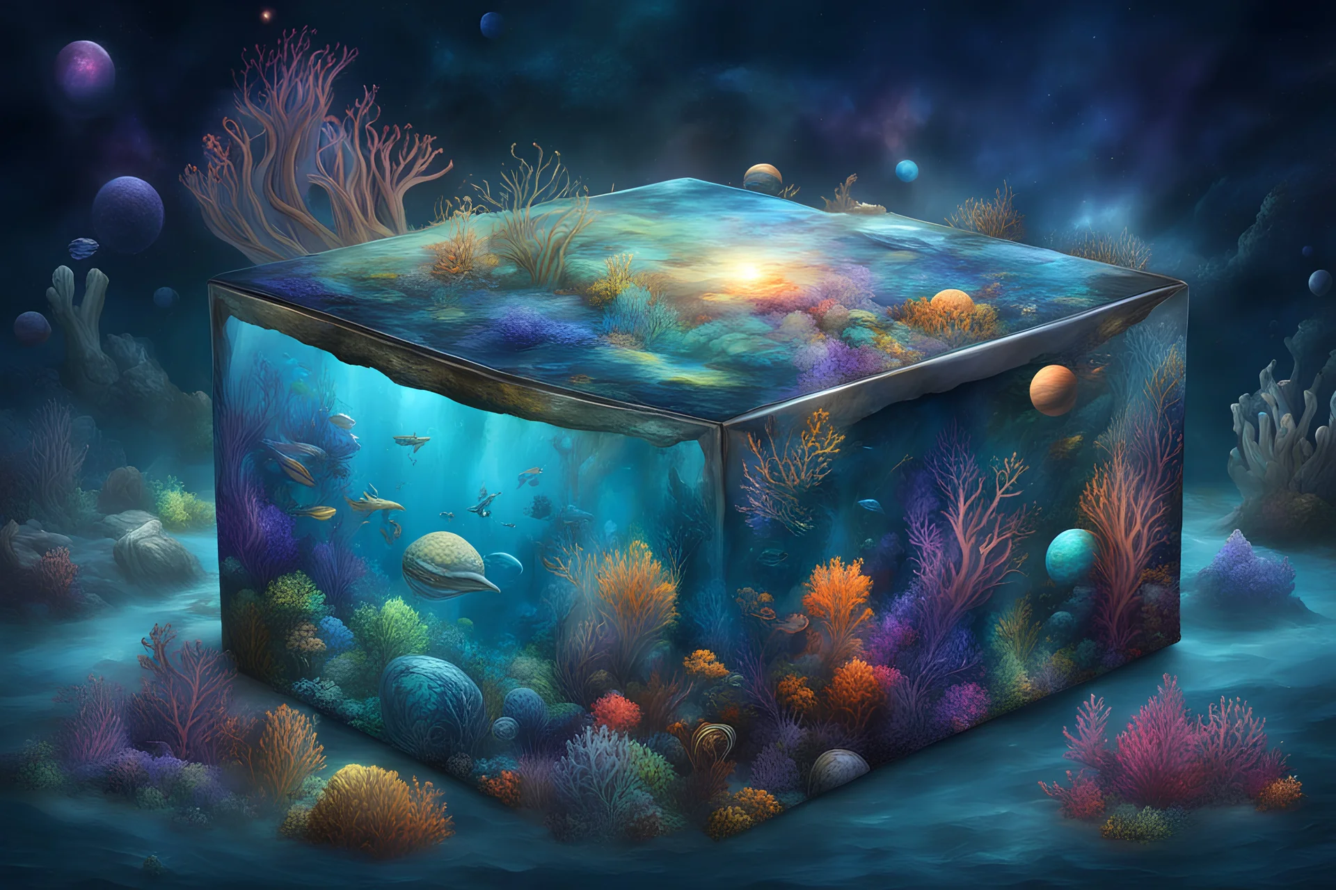 hyperrealistic, 4k, box for storing things with beautiful drawings a lot of colours, very detailed, subnautica, sea plants, seal leviathan, few planets, space, galaxies,