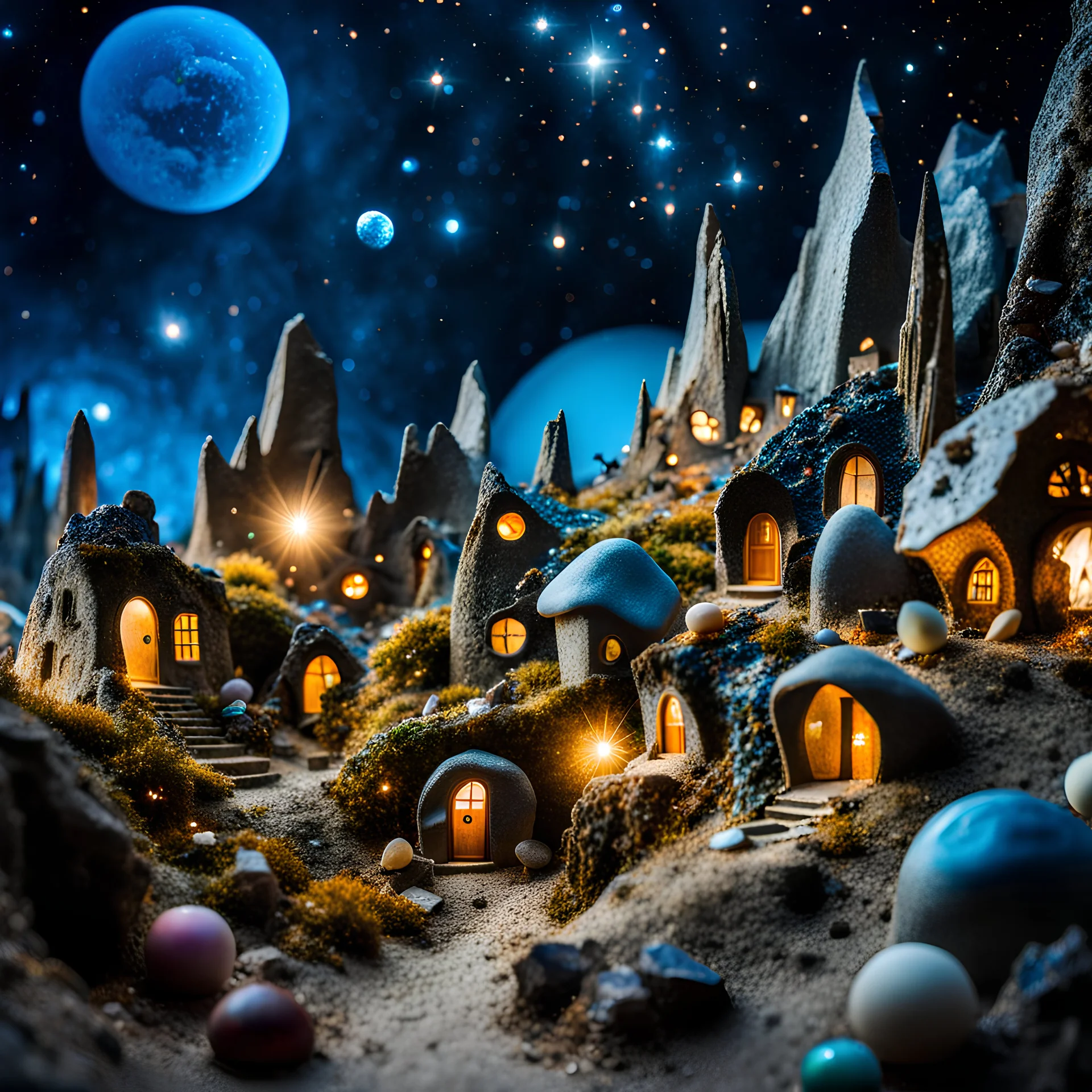 Close-up photograph of a village, naïve, people, houses, rock formations, stars and planets, animals, fungi, crystals, mineral concretions, extreme detail, intricate, volumetric light, colours, Tim Burton, Max Ernst, Yves Tanguy, sparkles, bokeh