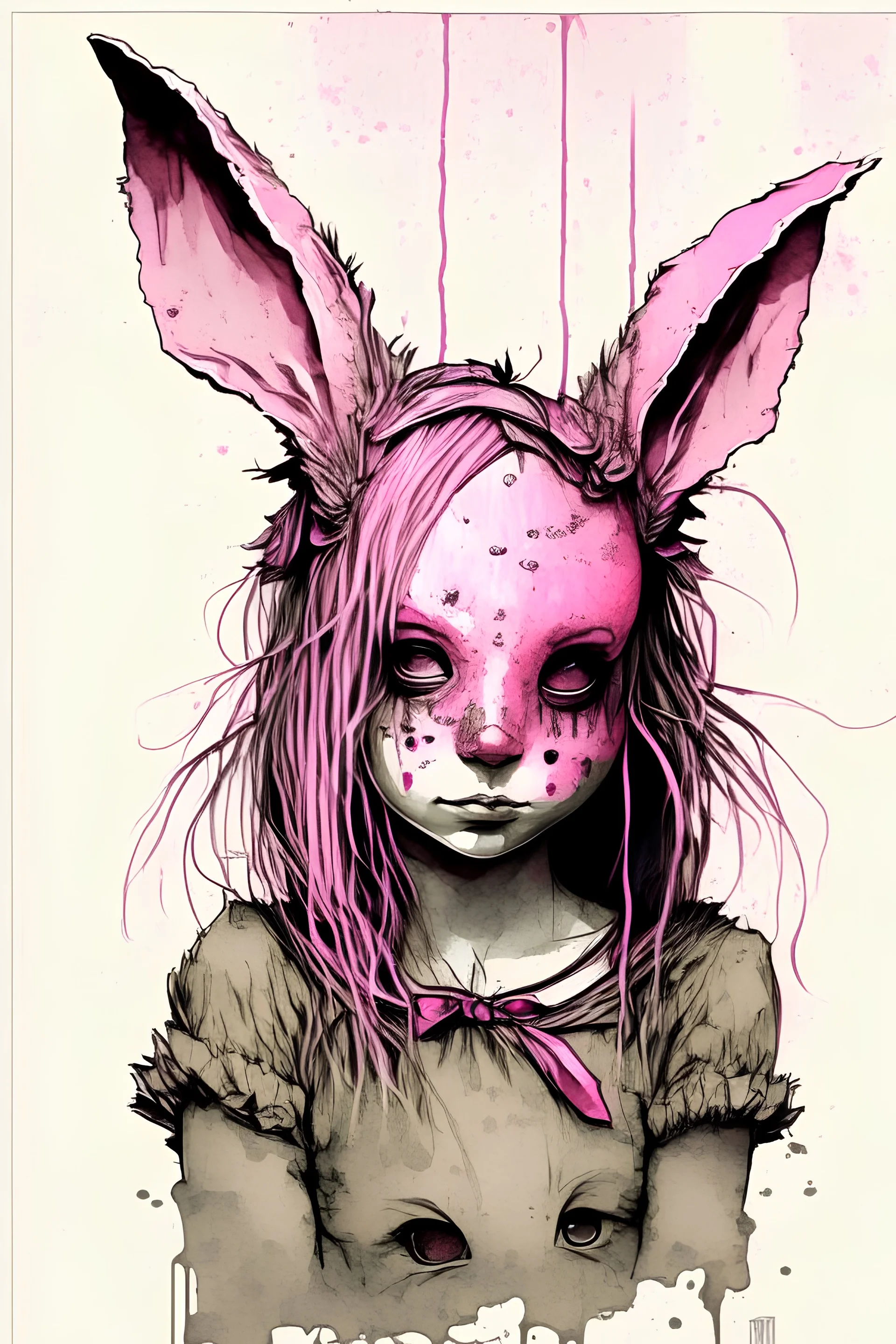 portrait a cute girl, bunny , mask, hair slime, out her mind, pink tones, in the style of arthur rackham,