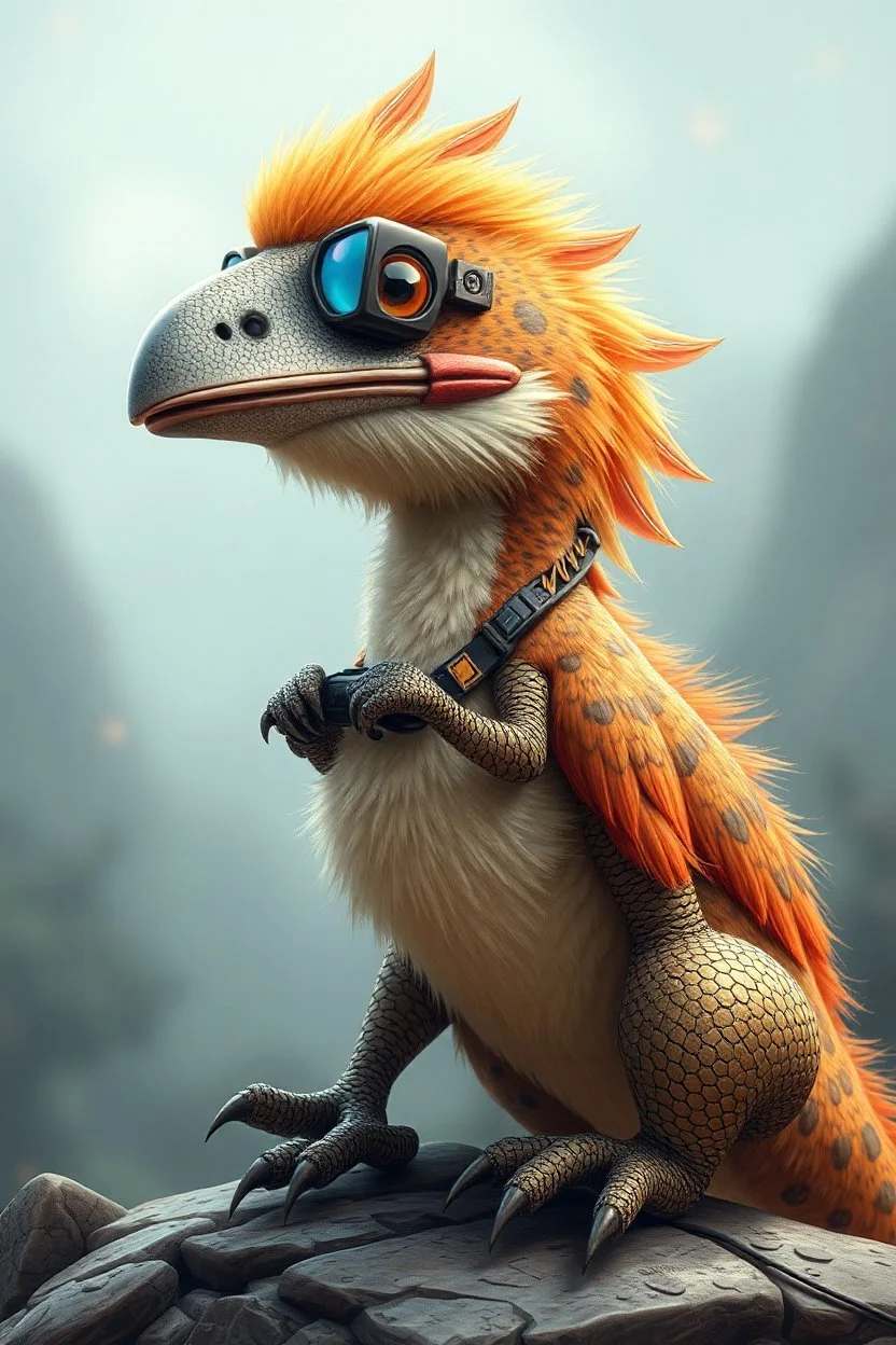 cyberpunk dinosaur weasel bird with cute fur