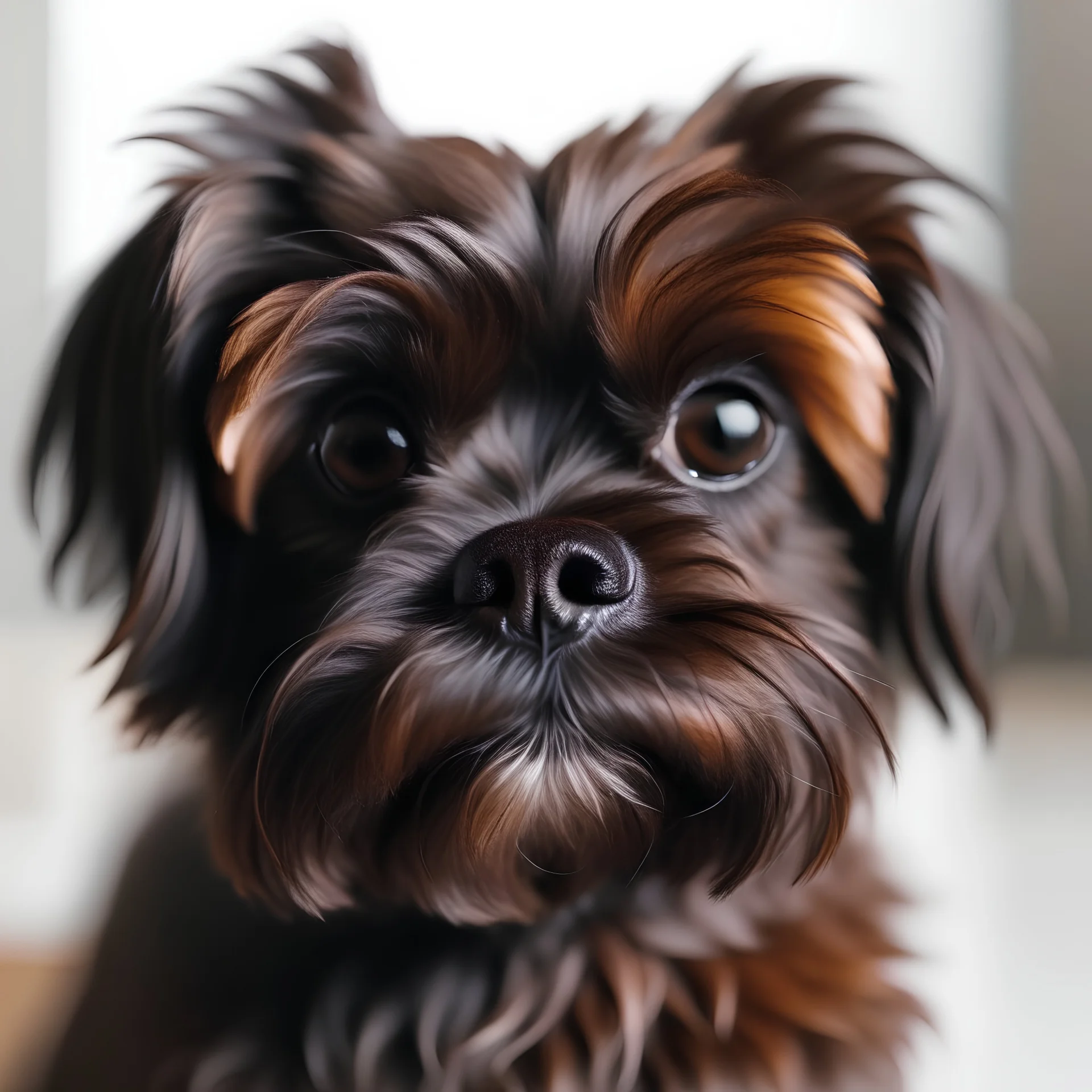 short dog with dark brown fur, dark brown eyes