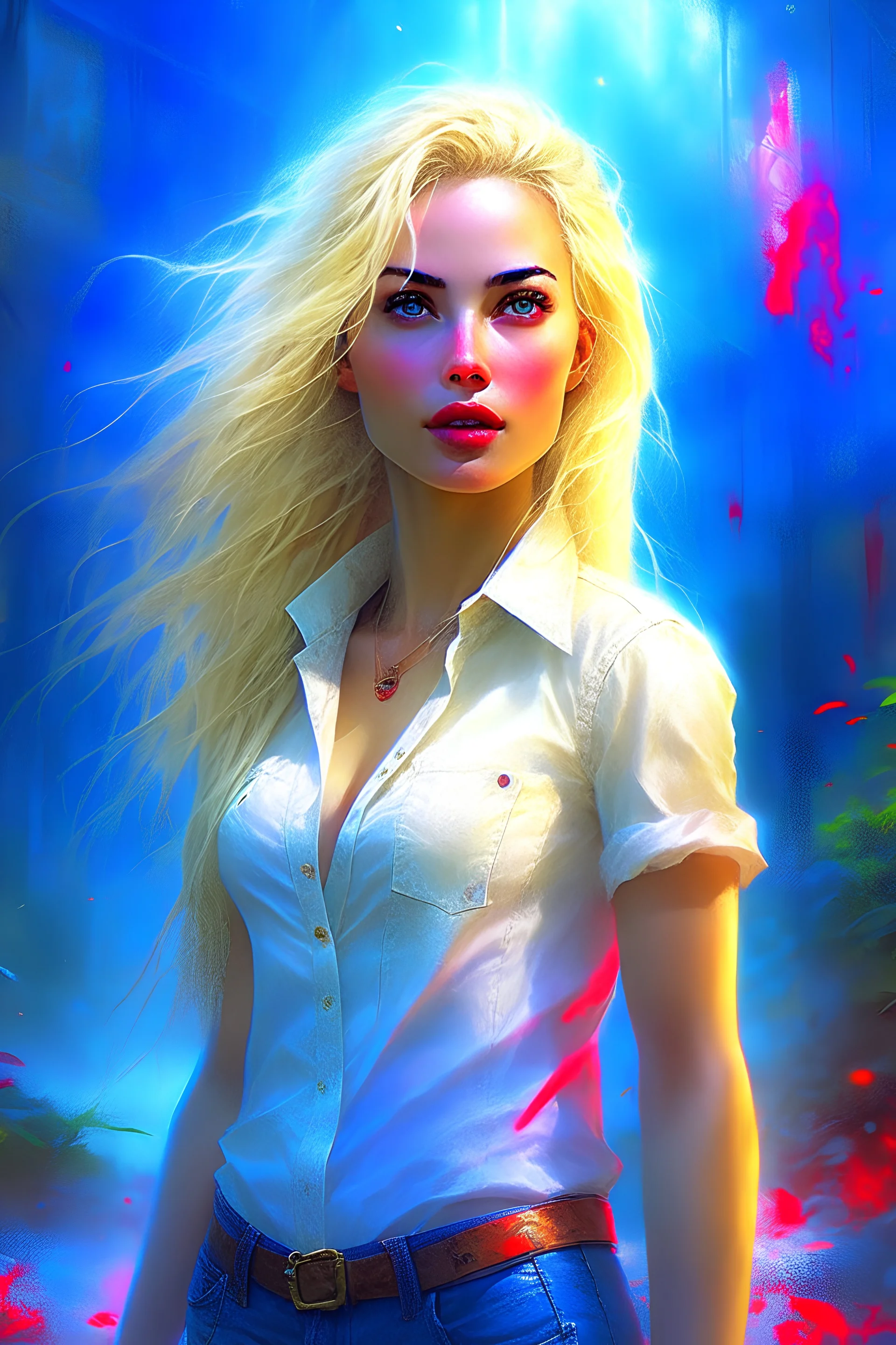 {Stunningly gorgeous woman with long blonde hair, wearing tight jean shorts and a white top, bright blue eyes} highly detailed, dynamic pose, park in the background, intricate motifs, organic tracery, perfect composition, warm dreamy tones, digital painting, artstation, concept art, smooth, sharp focus, illustration, Carne Griffiths, pixar, Michael Garmash, Frank Frazetta, Victo ngai, Jean Baptiste Monge, shiny aura