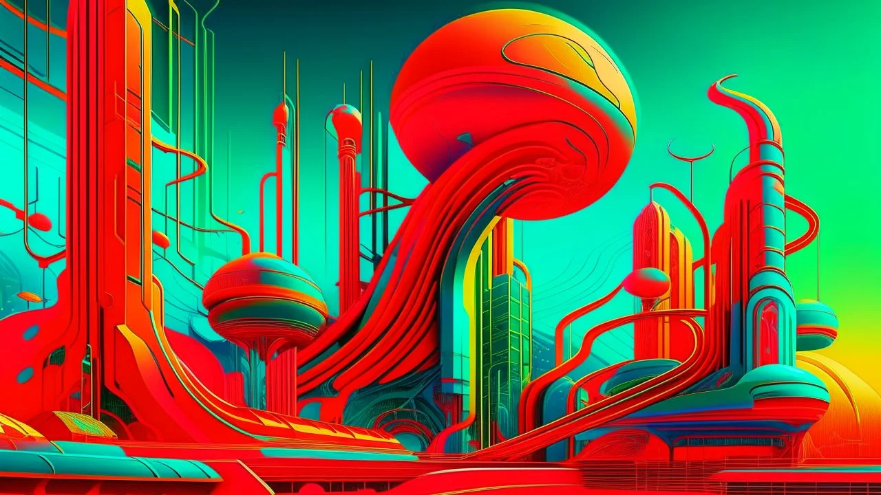 cyberpunk, A surreal, abstract composition featuring vibrant, organic shapes and forms in shades of red, green, and yellow against a blue sky background, vaporwave, neon colors, science fiction, detailed scene