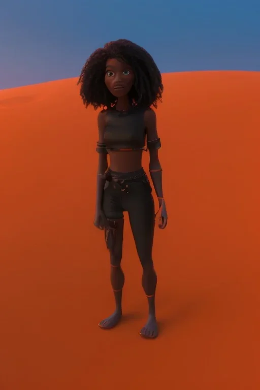 3D render of a cyberpunk tribal young black woman, black hair, ragged shirt, on a orange dune background, digital art