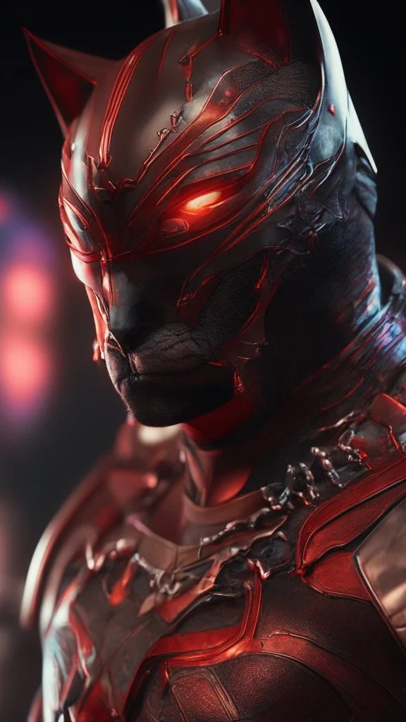 Iconic Cat-Man, Glowing red and silver, ultra-detailed armor, eye mask cat, dynamic shot, richly saturated colors, full stature, cinematic atmosphere, Octane rendering, hyper-realistic, unparalleled detail, 8K , concept art, physically based rendering, intricate textures, subsurface scattering, timeless masterpiece, AI enhanced, GAN, ray tracing, depth of field, neural network,