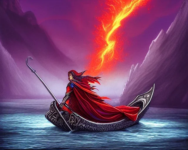 sango fantasy, fantasy magic, intricate, sharp focus, illustration, highly detailed, digital painting, concept art, matte, Greek mythology Charon ferryman, skeleton in full length cape, in boat on river styx, sharp jagged rocks, red purple blue colours, red hot lava river