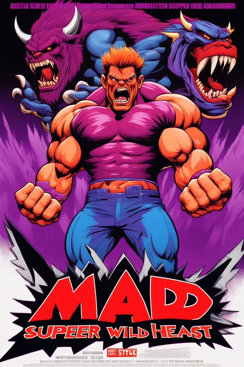 mad crazy wild super head fuked title with movie poster title:Austin super beast, monster full body muscles more angry and more 90s style, angry fast, extreme, wild, so so angry, tough sexy red and purple background with 90s style slashes