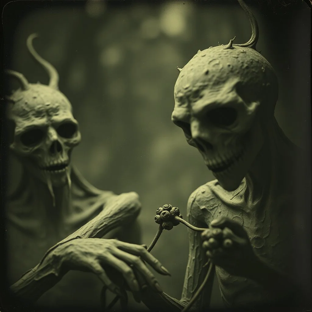 Daguerrotype close up of some mysterious figures, odd background, cinematic, Hieronymus Bosch, Max Ernst vegetal life, rotten, ambient light, cry