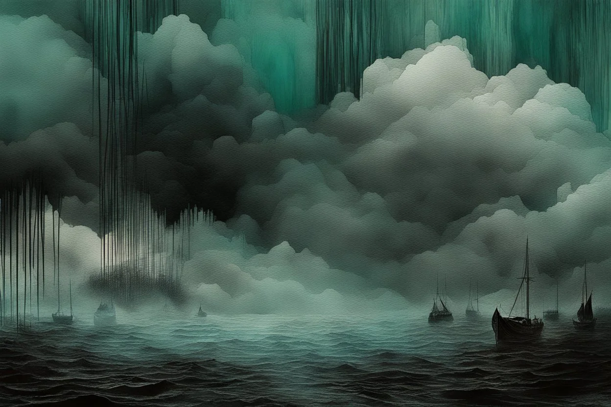 Sinking world, 3D, mist and smoke, black, turquoise (a little bit closer to the green) and white color, hard rain, and watercolor patchwork by Picasso and Caspar David Friedrich and Daniel Merriam digital painting award winning fantastic view high definition abstract surreal no watermark