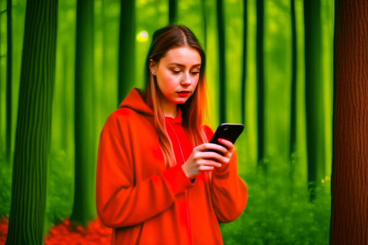 young woman in red clothing standing in a forest holding a smartphone