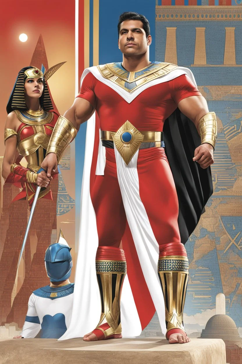 Super hero . An Egyptian wears an Egyptian Superman in an advanced suit. In red colour. And white. And black. . And his pharaoh's armor is advanced