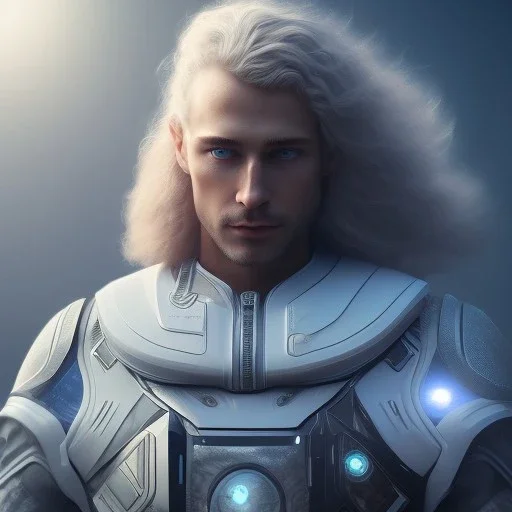 Full body ,Beautiful cosmic man, blue eyes, long blond hair, cosmic suit, galactic backdrop, soft lighting, hyper realistic, unreal engine 5, 16k