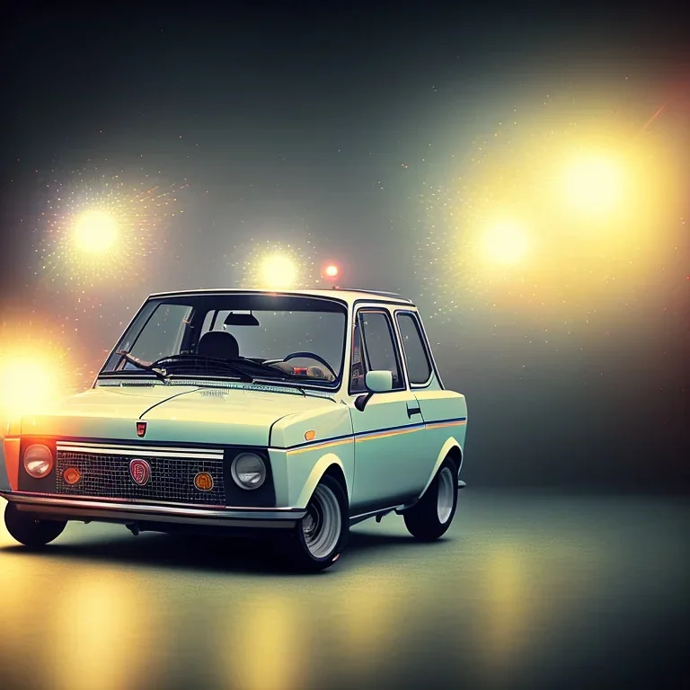 fiat 126p, city. high speed. bokeh. lens flare. warm lights. high detailed