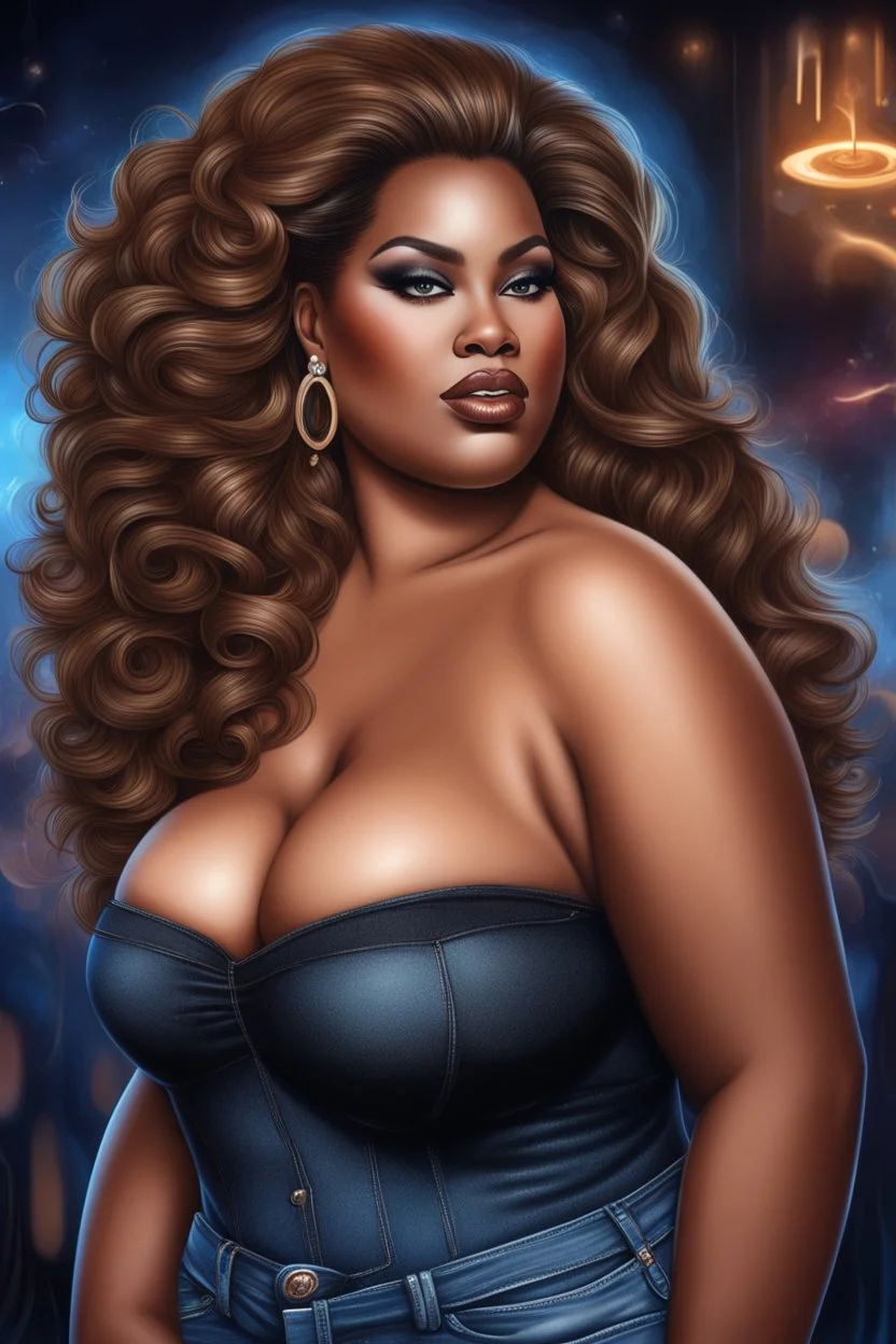 create an airbrush illustration of a plus size black female wearing Tight blue jeans and a brown off the shoulder blouse. Prominent make up with long lashes and hazel eyes. She is wearing brown feather earrings. Highly detailed long black shiny wavy hair that's flowing to the side. Background of a night club.