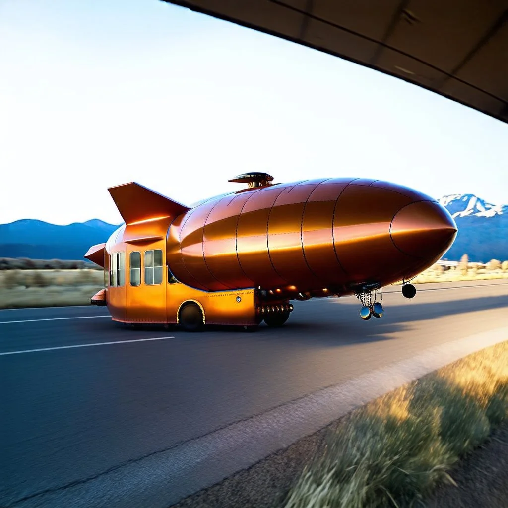 award winning photograph of a steampunk house-fly ufo dirigible designed by only one vehicle per image painted metallic orange traveling at a high rate of speed, jet intake off of front center of vehicle and jet exhaust out the rear bilaterally symetrical,