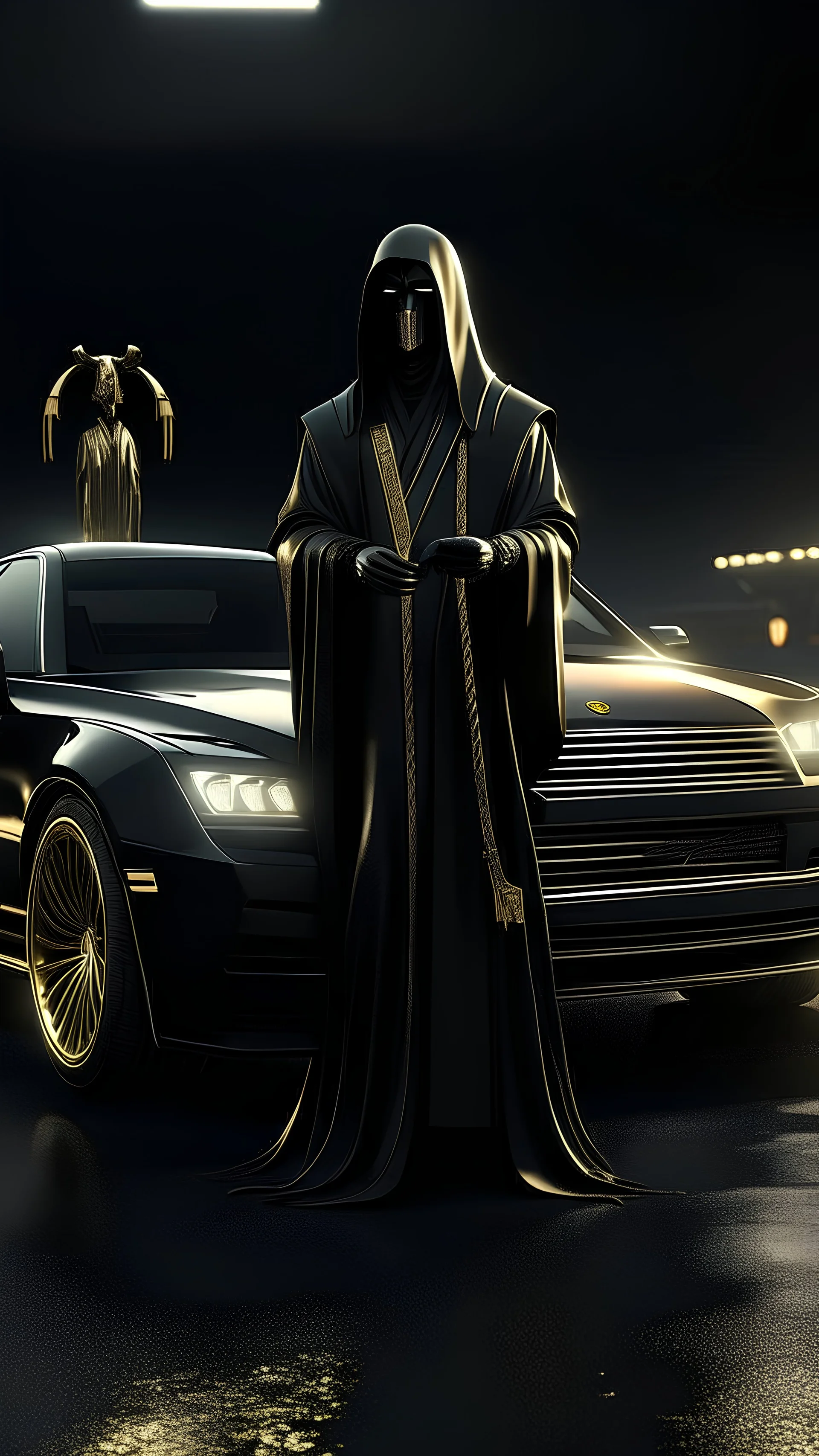 Photorealistic 3D model of grim reaper in a black robe with a glowing halo gold jesus chain standing in-front off a Rolls Royce cullinan