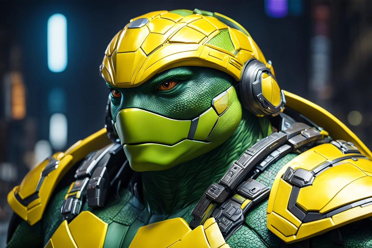 Cyber Michelangelo in 8k live anime artstyle, Turtles, yellow custom, TMNT them , dynamic pose, intricate details, highly detailed, high details, detailed portrait, masterpiece,ultra detailed, ultra quality