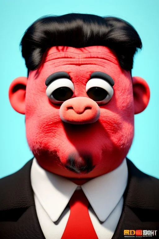 Waist up muppet Portrait, Kim Jong-un muppet doll, black suit, photo studio, red background, unreal engine 5, concept art, art station, god lights, ray tracing, RTX, lumen lighting, ultra detail, volumetric lighting, 3d.