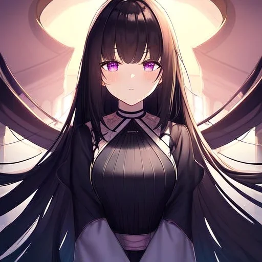 Clear focus,High resolution, Black long fluffy hair, long bangs, and purple eyes, Depressed girl