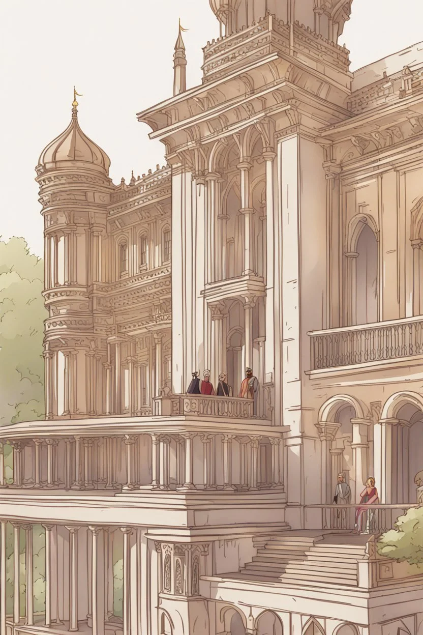 An animation close up drawing of a palace with a king and queen standing on a balcony