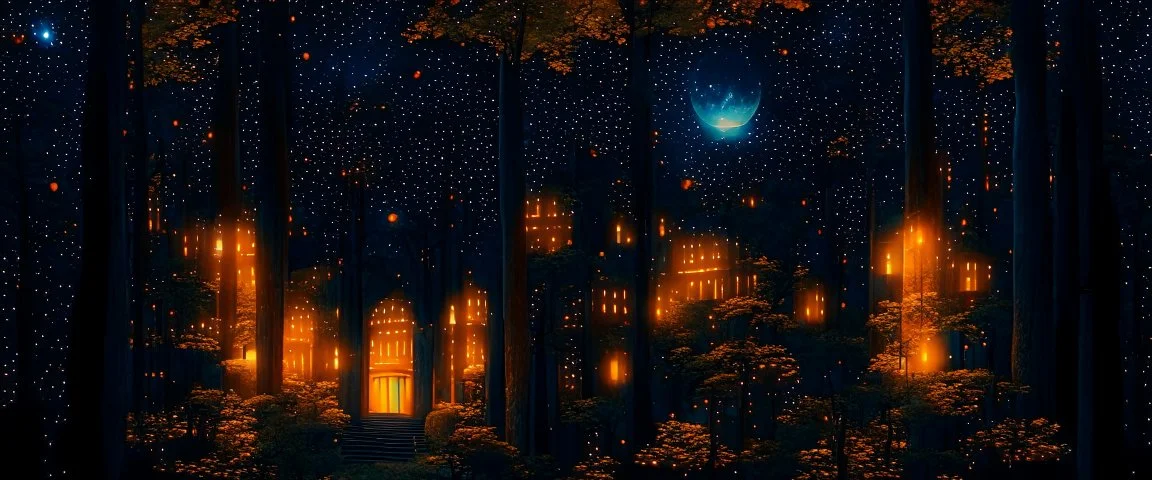 a huge library in forest with fireflies and orange mystic lights around trees that have wide leaves and broad trunked. At night with moon light.