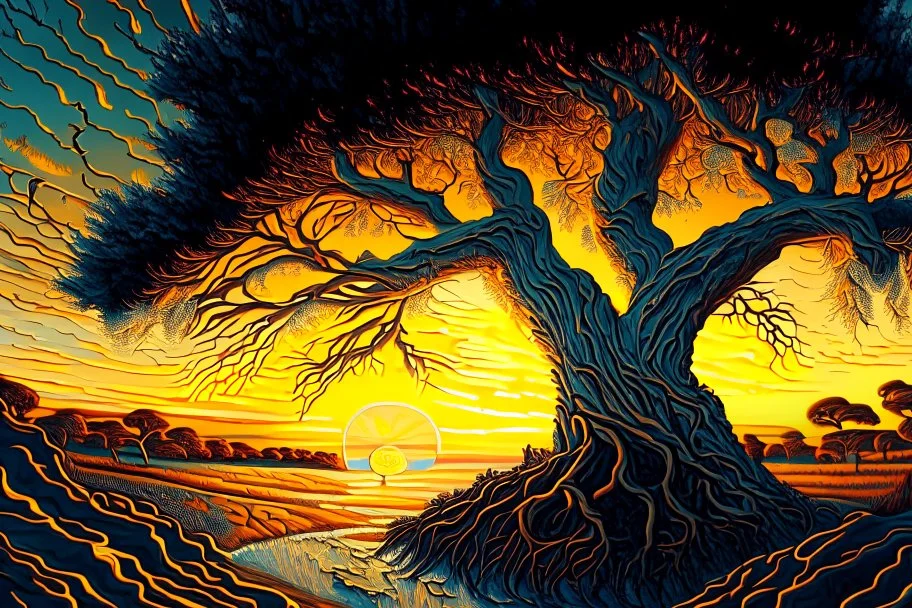 Great landscape, nature at sunset, Paradise Lost, spiritual, surreal, trees, fine art, tan skin, Vincent Van Gogh style, highly detailed, smooth, very sharp focus, illustration, bathing in light, ultra realistic illustration, close-up