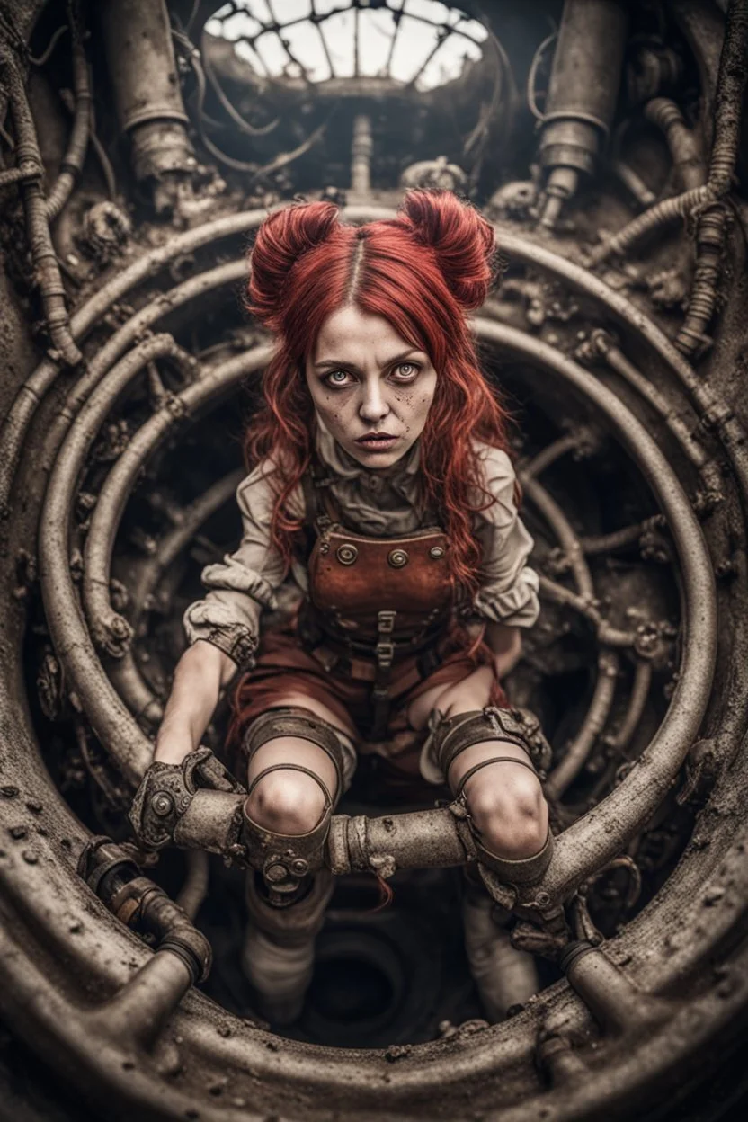 Closeup cute girl with little monster, fullbody, dieselpunk, valves rising from the ground, the perspective looking up from the bottom of an empty well , 8k, macro photography by <John Kenn Mortensen>, darkred tones,