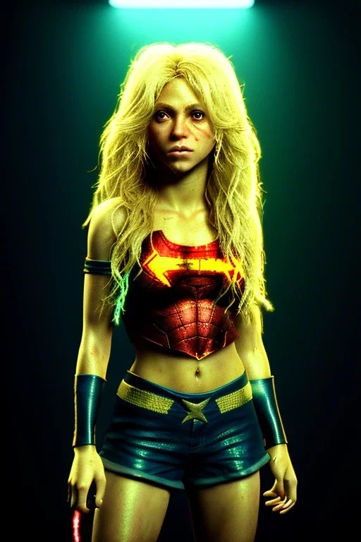 portrait, Shakira, blonde, angry, Realistic image, superhero, retro watchmen style, gold make-up, blood, sweat, fog, goddess style, Neon colors, leds. Black background, photo studio, concept art, smooth, unreal engine 5, god lights, ray tracing, RTX, lumen lighting, ultra detail, volumetric lighting, 3d, finely drawn, high definition, 4k.